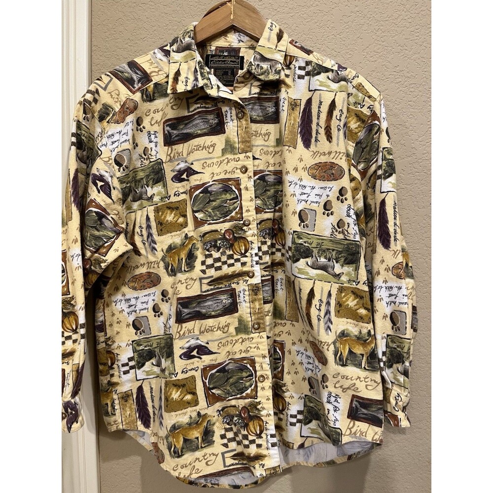 Eddie Bauer Shirt Womens M All over Print Yellow Chamois Flannel Button Up